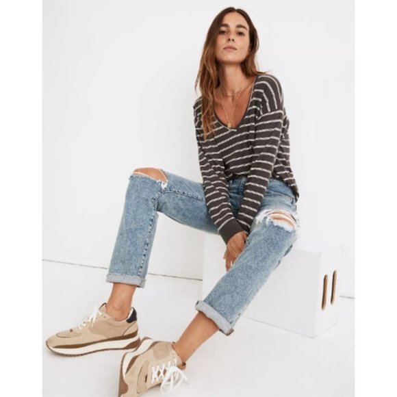 Madewell Tops - Madewell Softfade Cotton V-Neck Relaxed Tee Oversized Long Sleeve Striped Top M